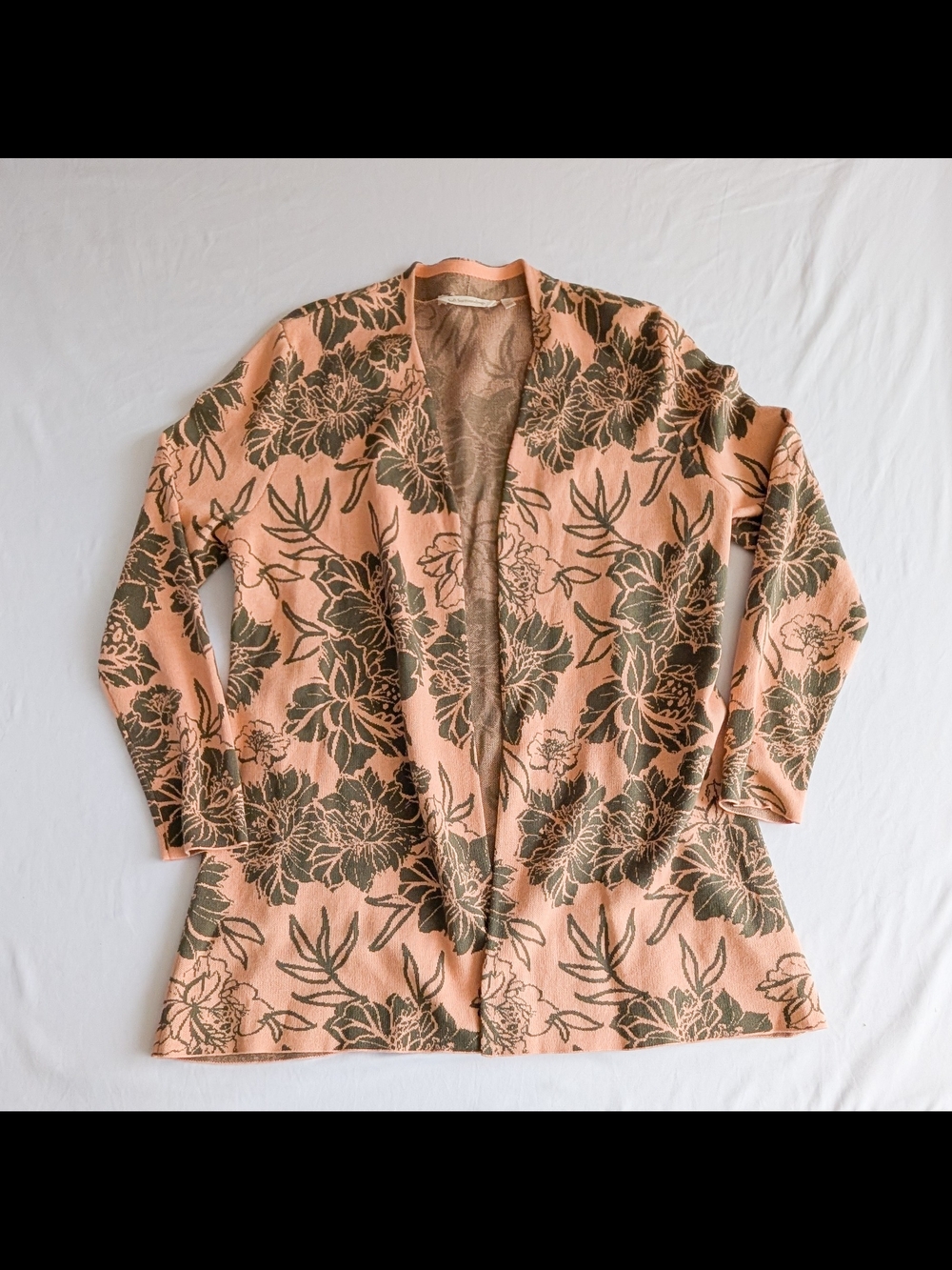 Soft Surroundings Peach Green Floral Printed Cardigan Sweater Open Size Large